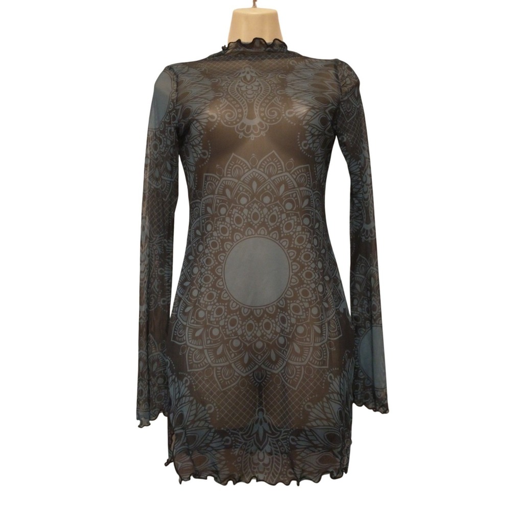 Exotic Mesh Bodycon Beach Dress Mandala Boho Mock Neck Bell Sleeve Teal Party - Picture 2 of 10